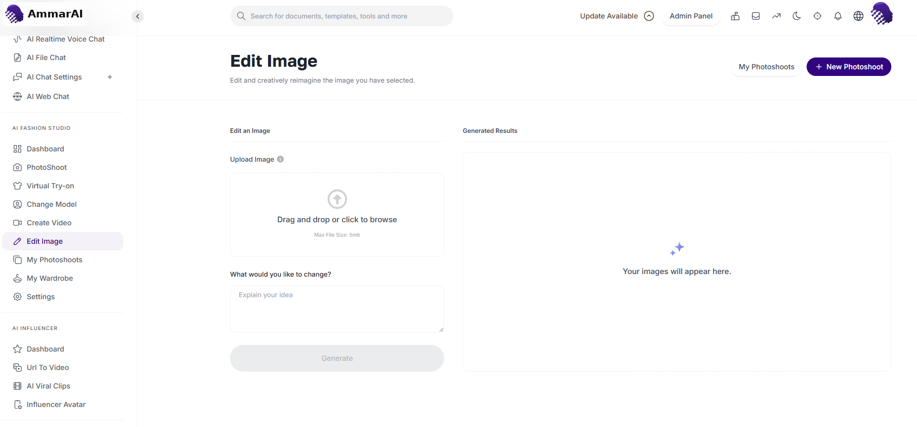 Edit Image screen with an uploaded photo and a prompt box describing the change
