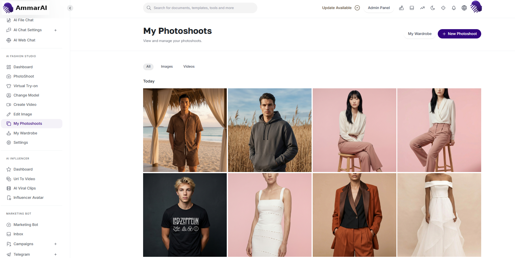 My Photoshoots gallery of generated fashion images