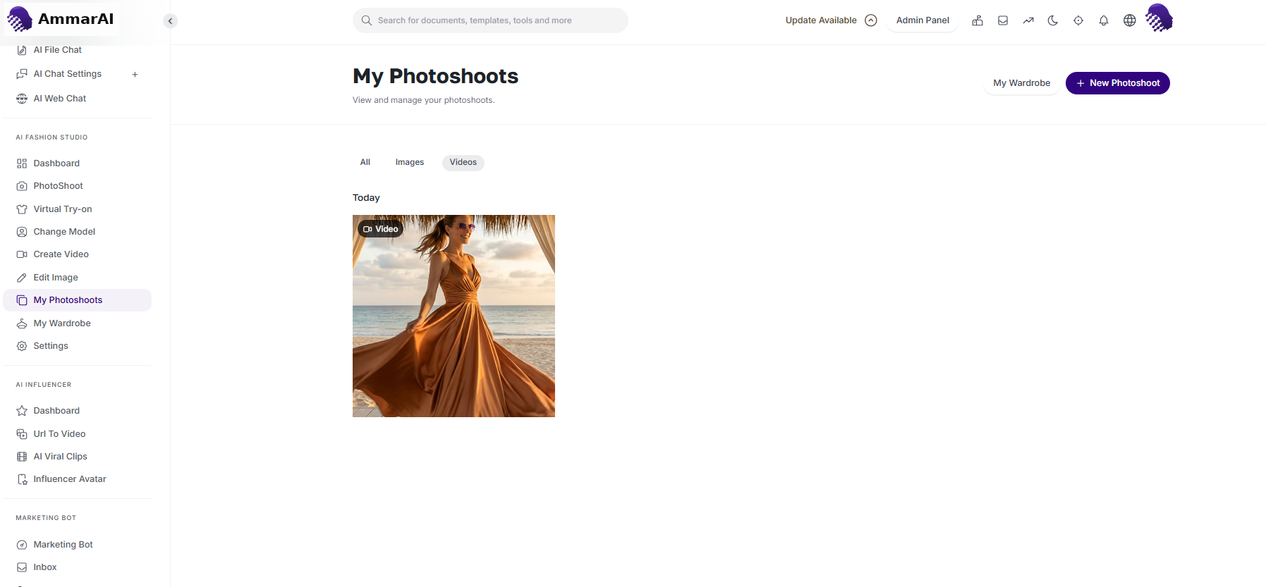 My Photoshoots video archive with generated fashion clips
