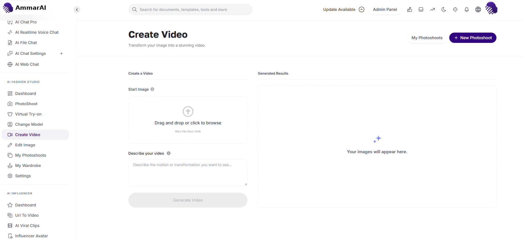 Fashion video generation screen with a base image, motion prompt field and Generate Video action