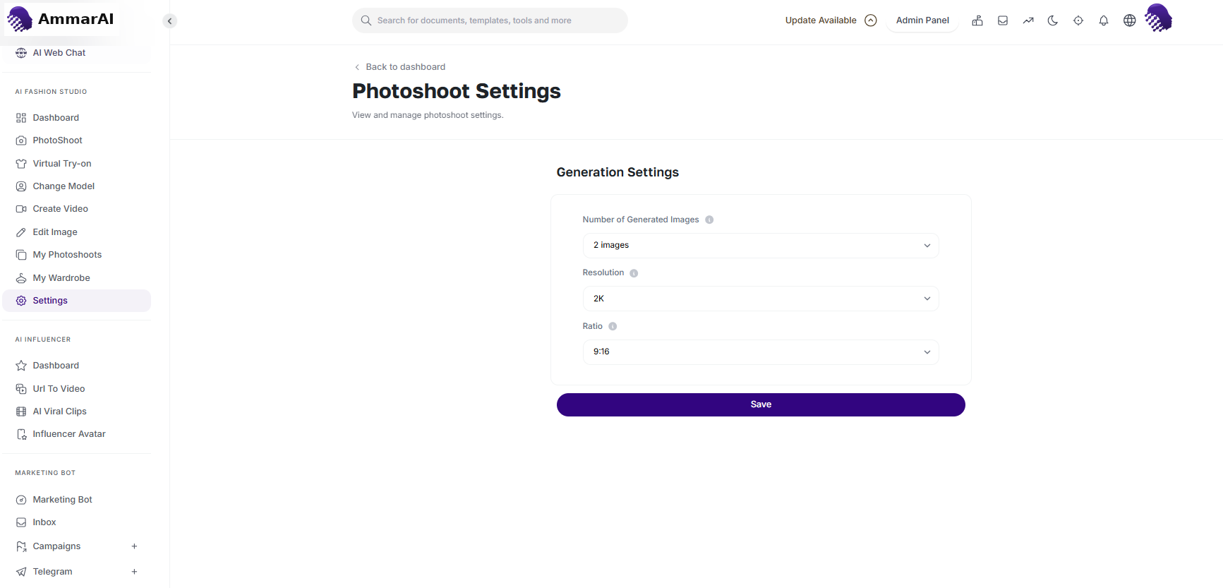 Photoshoot settings panel with image count, resolution and aspect ratio controls