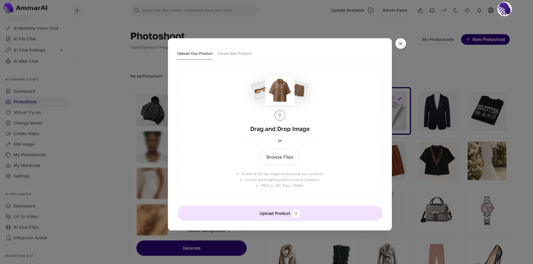 Photoshoot product selection showing the upload option for your own product photos