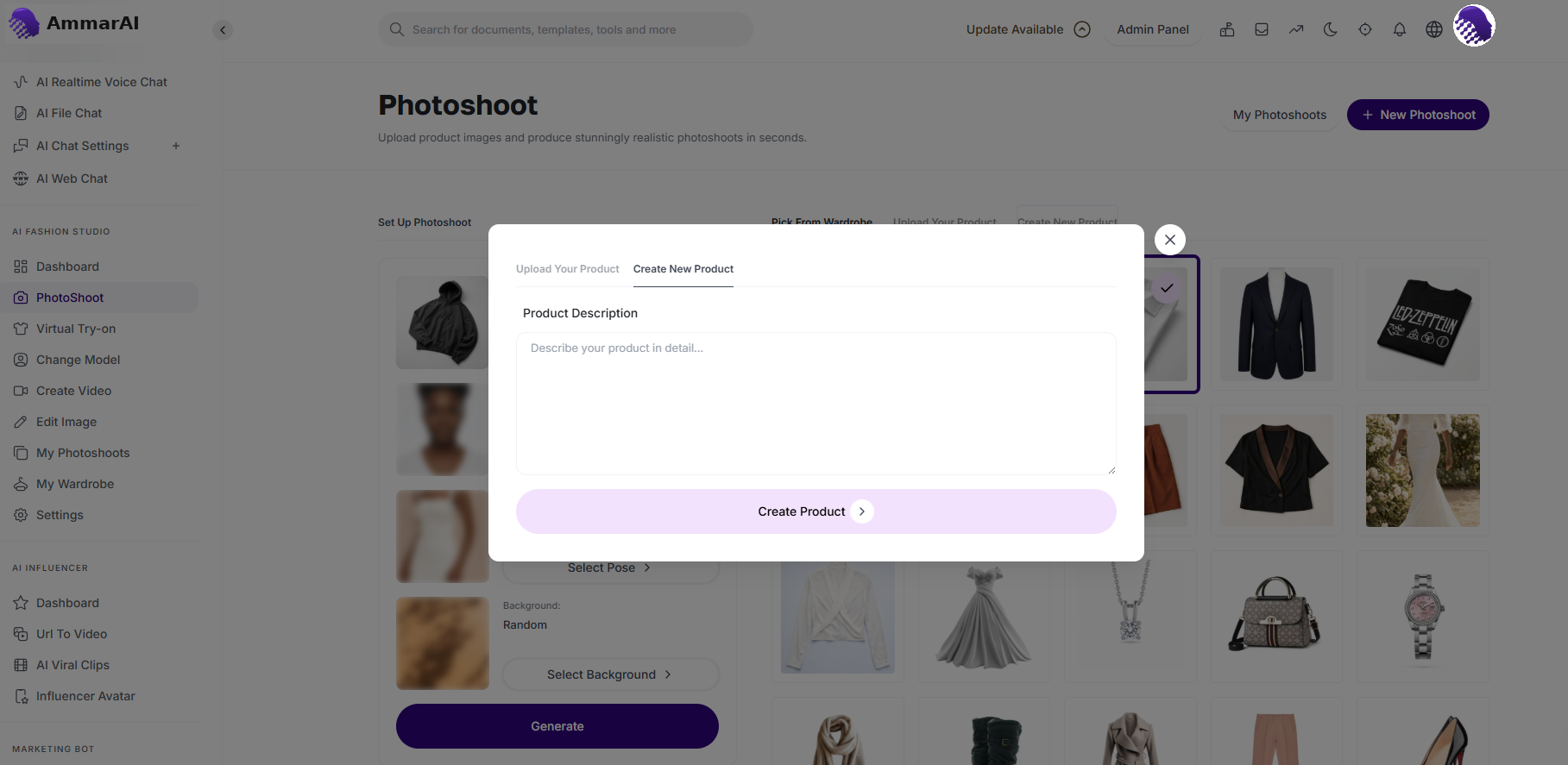 Photoshoot product selection showing a text prompt used to generate a garment