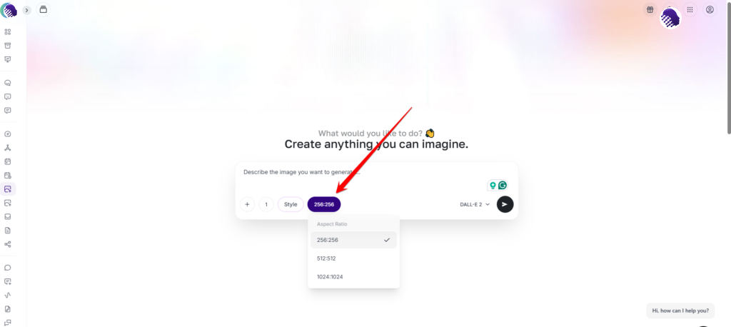 AI Image Pro aspect-ratio menu beside the prompt