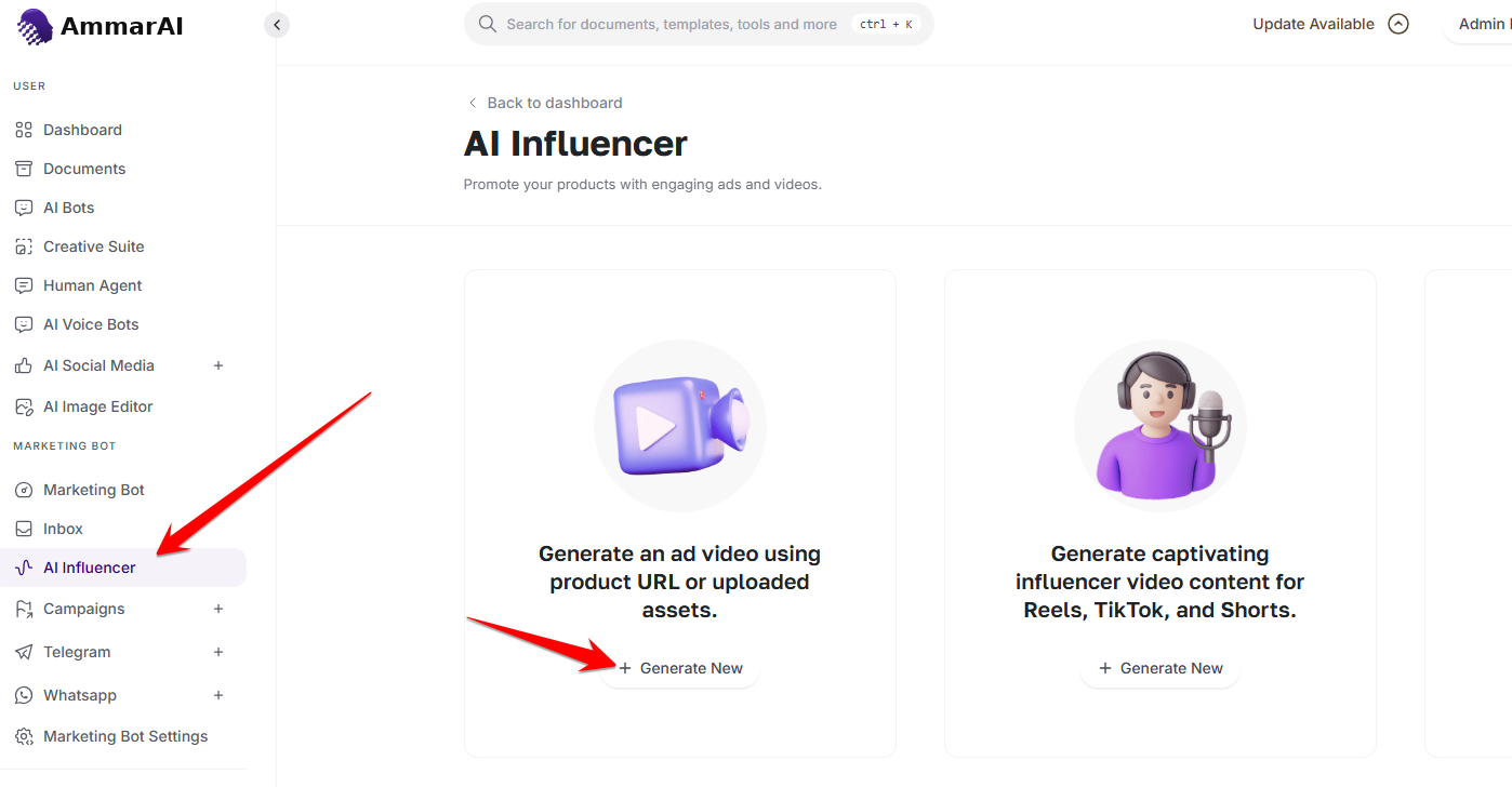 AmmarAI influencer-video workspace with the product-ad Generate New action indicated