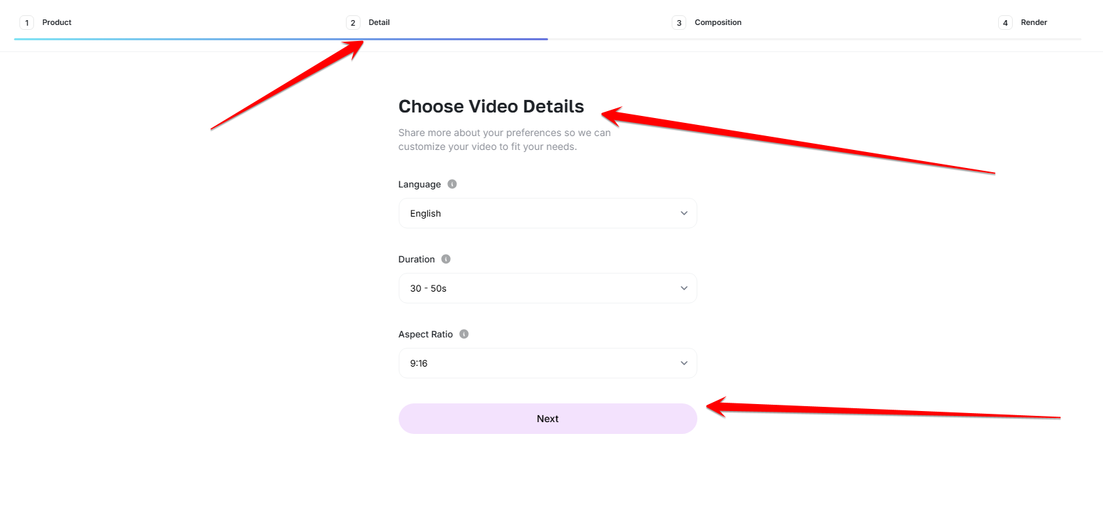 Video details step with language, duration and aspect-ratio controls