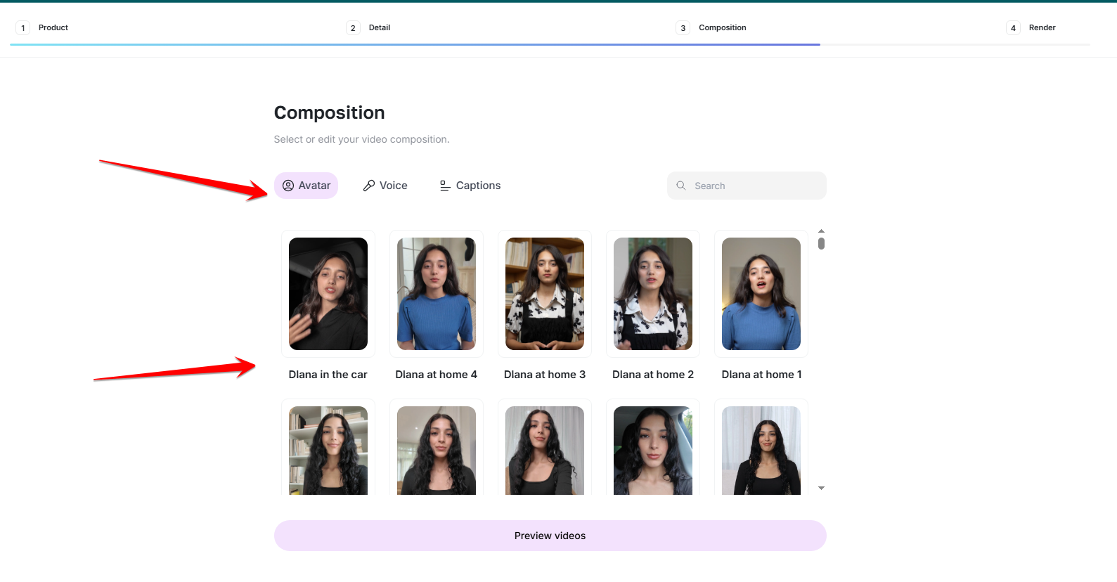Composition step showing a gallery of presenter choices