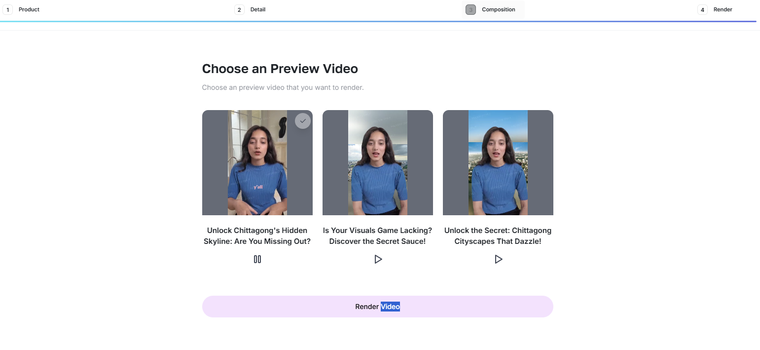 Preview-video step showing three rendered product-ad options