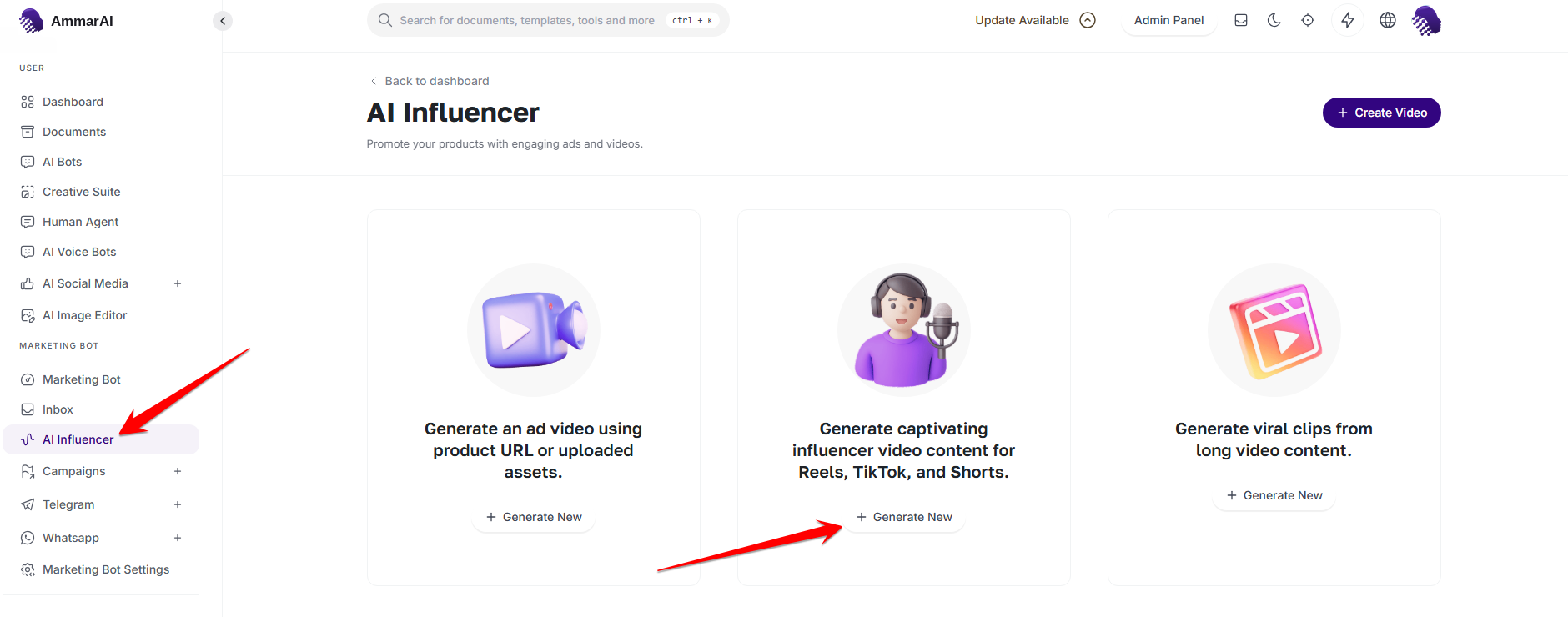AmmarAI influencer-video workspace with the presenter-video Generate New action indicated