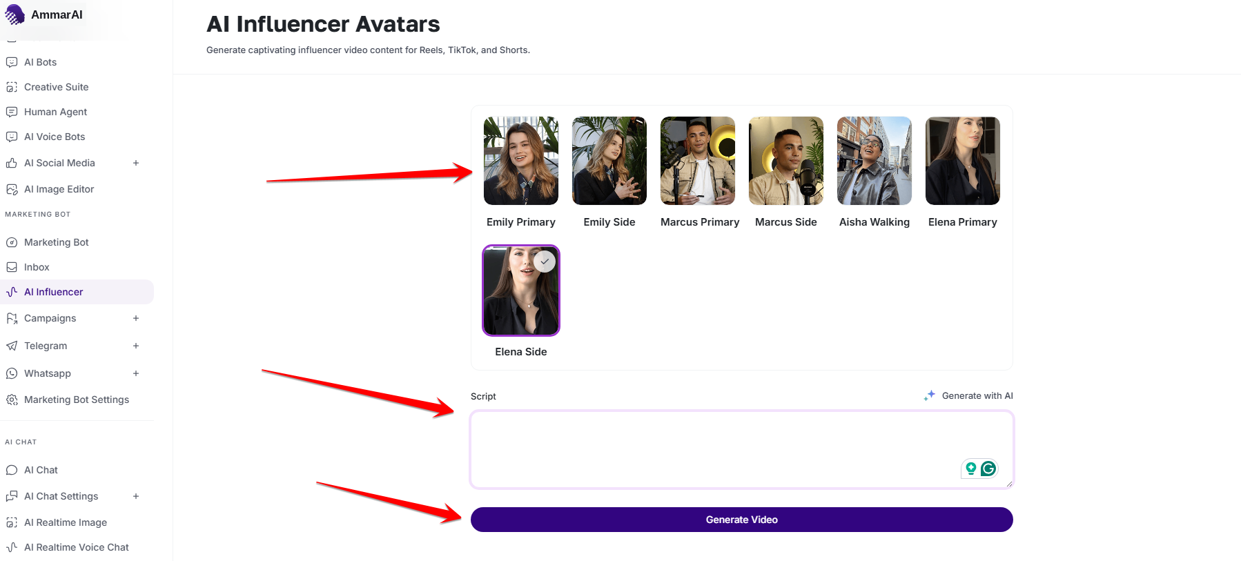 AI influencer presenter gallery with script field and Generate Video action