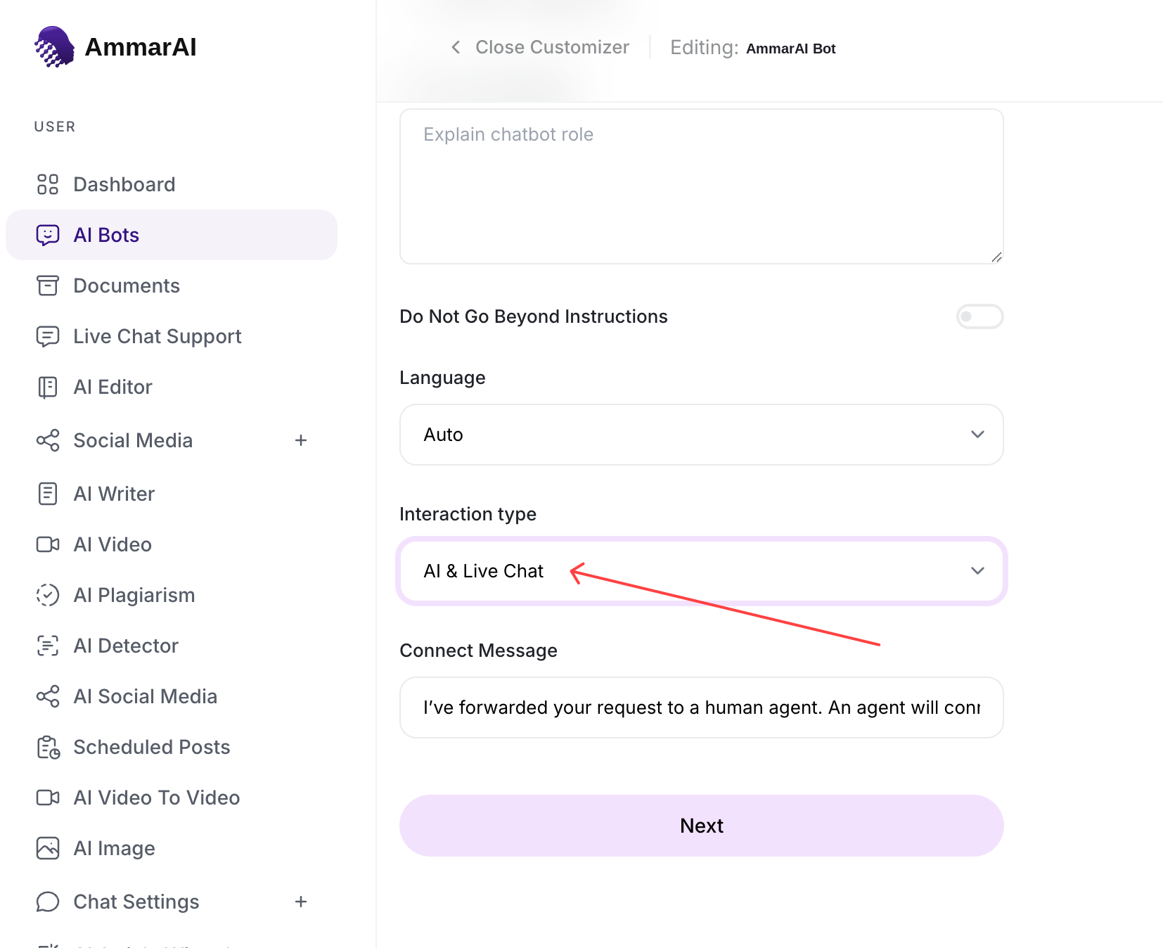 Chatbot settings with the interaction type set to AI and Live Chat