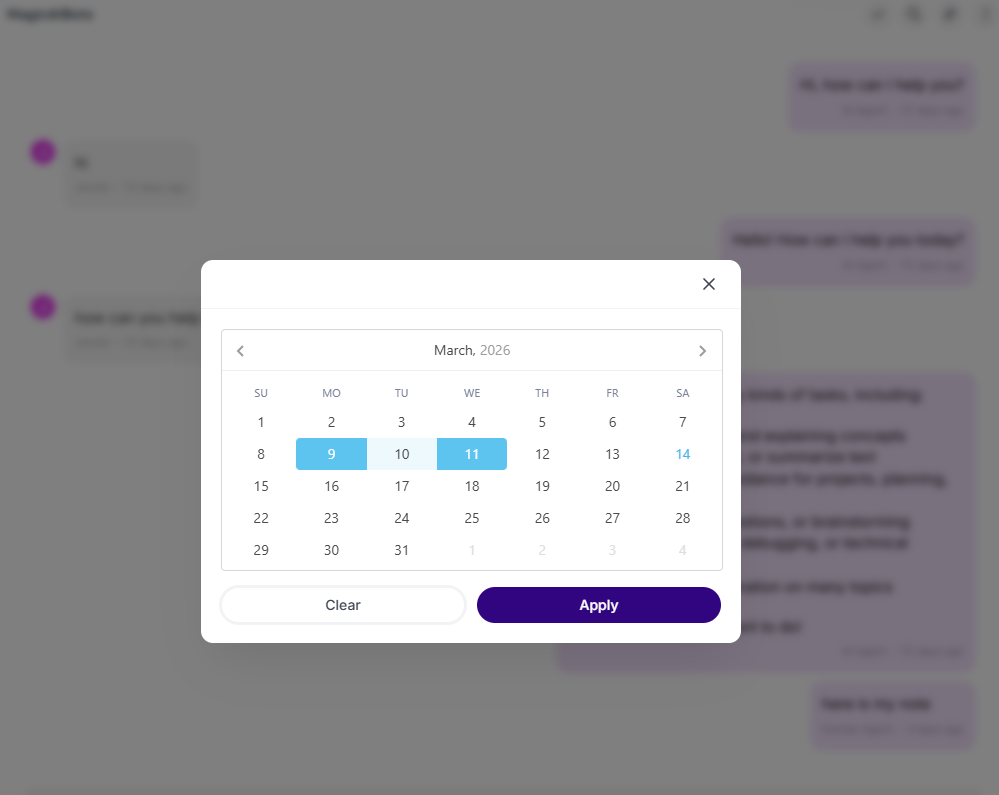 Date range calendar with a selected range and an Apply button
