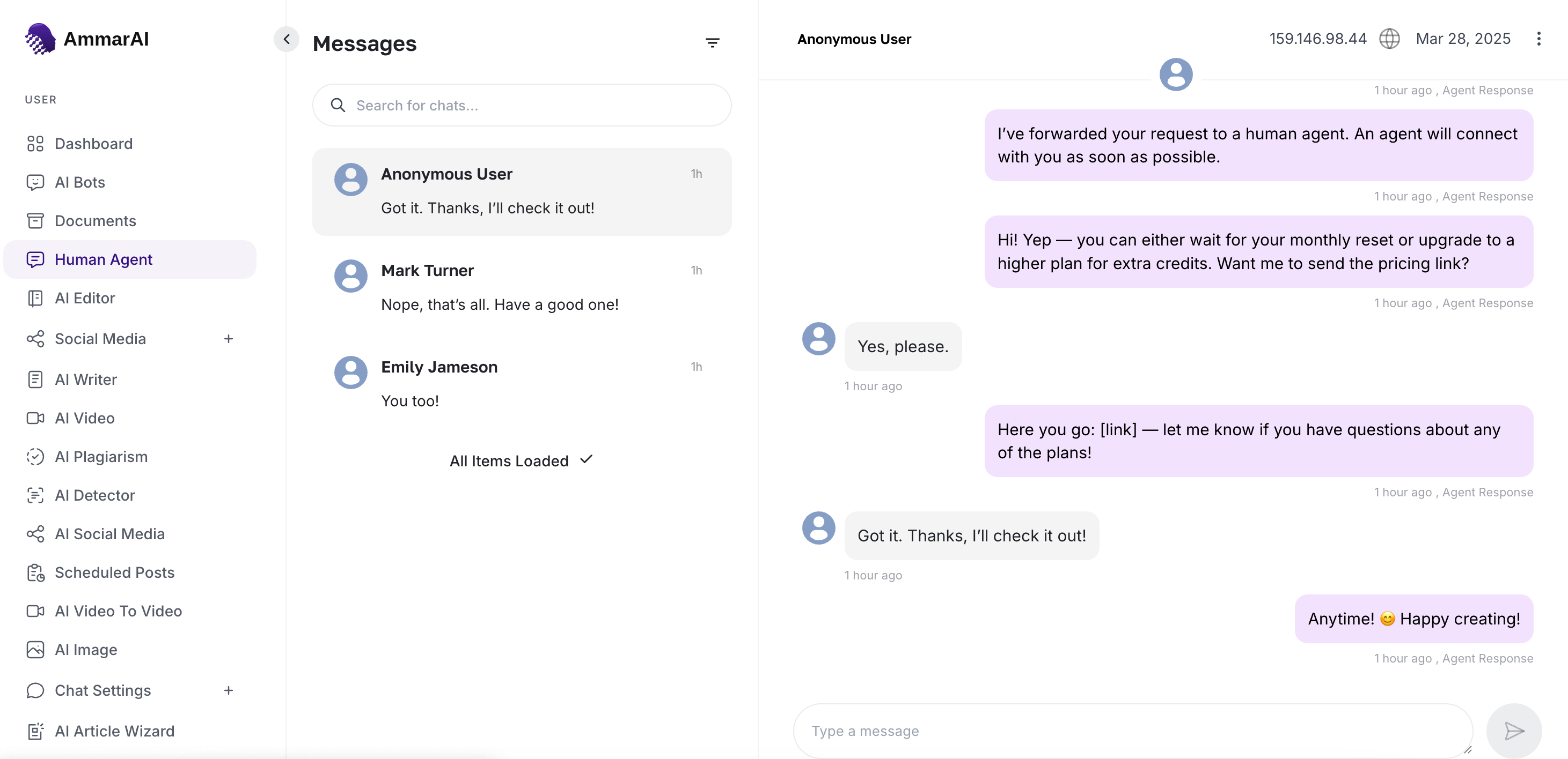 Live agent inbox with a conversation list and an open thread