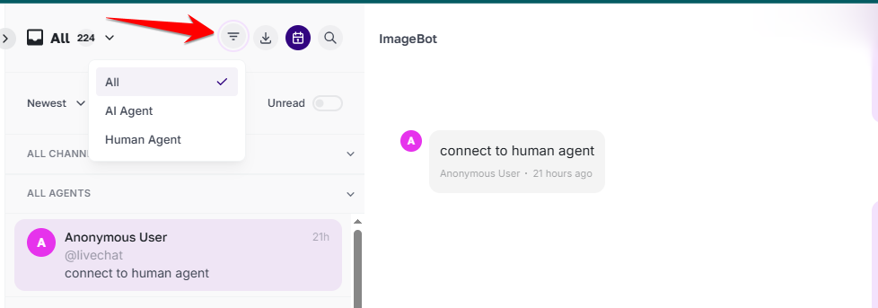Inbox filter open with All, AI Agent and Human Agent options