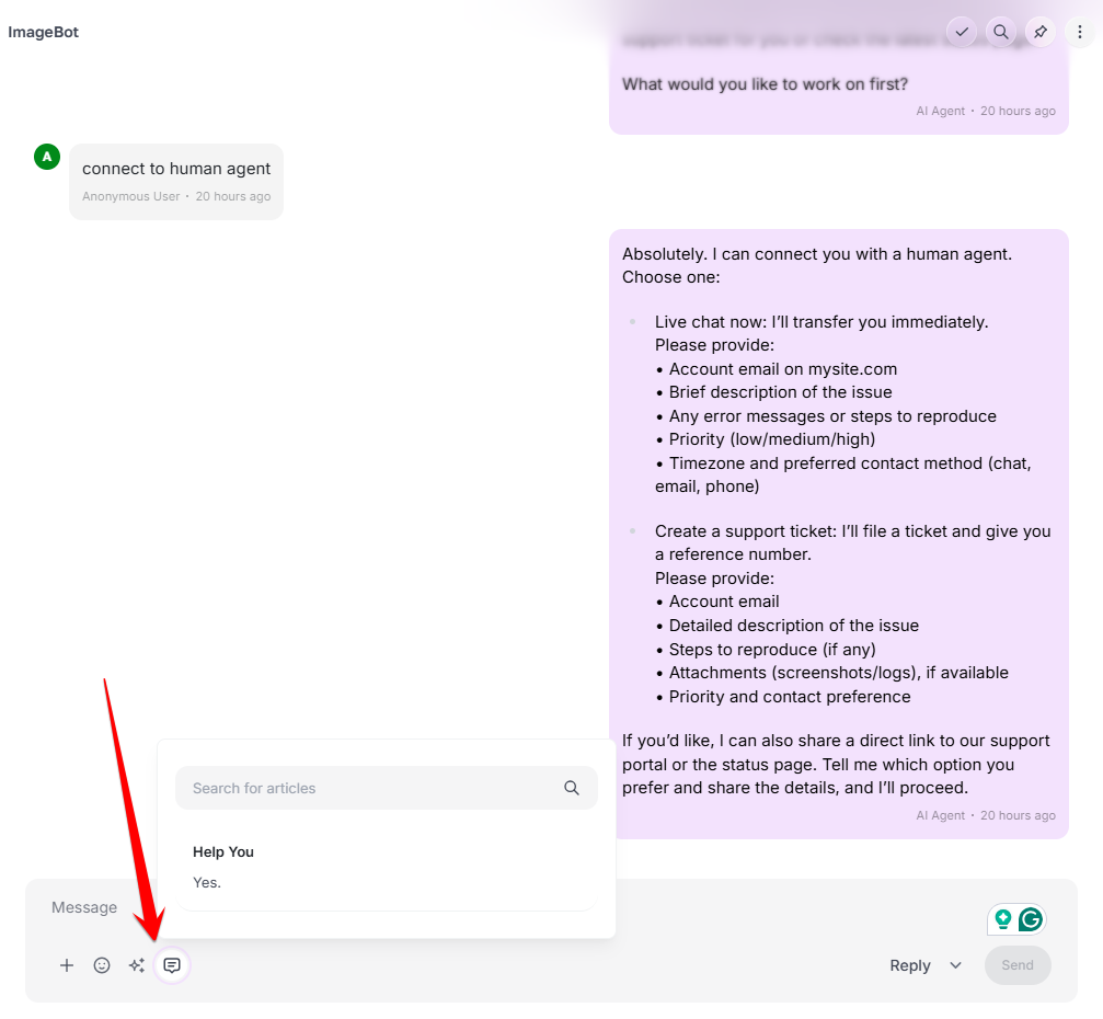 Saved reply panel open above the message box with a search field