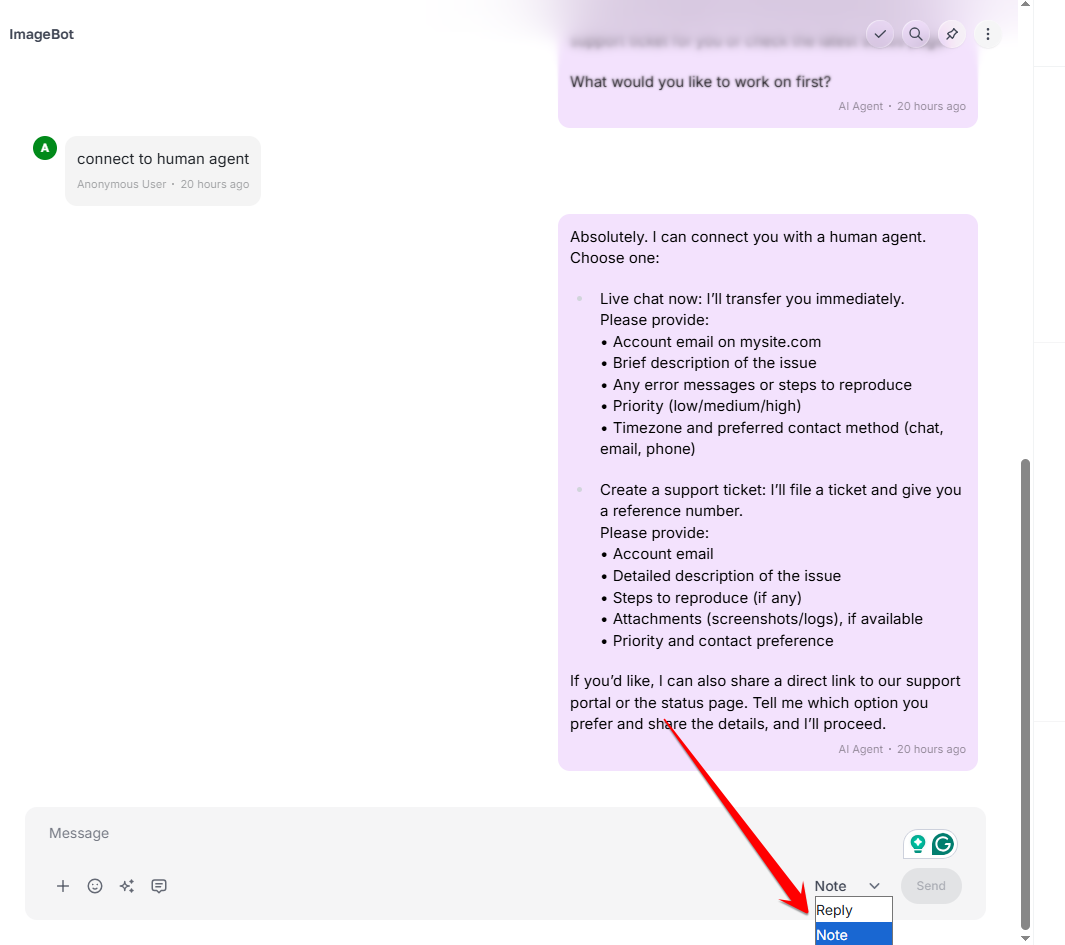 Send control switched from Reply to Note