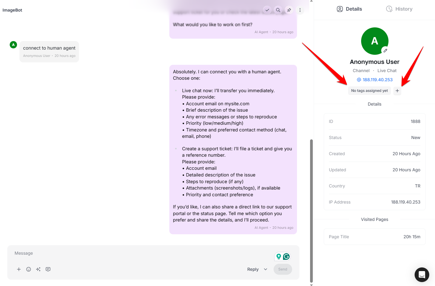 Conversation details panel with channel, status, created and updated times and country