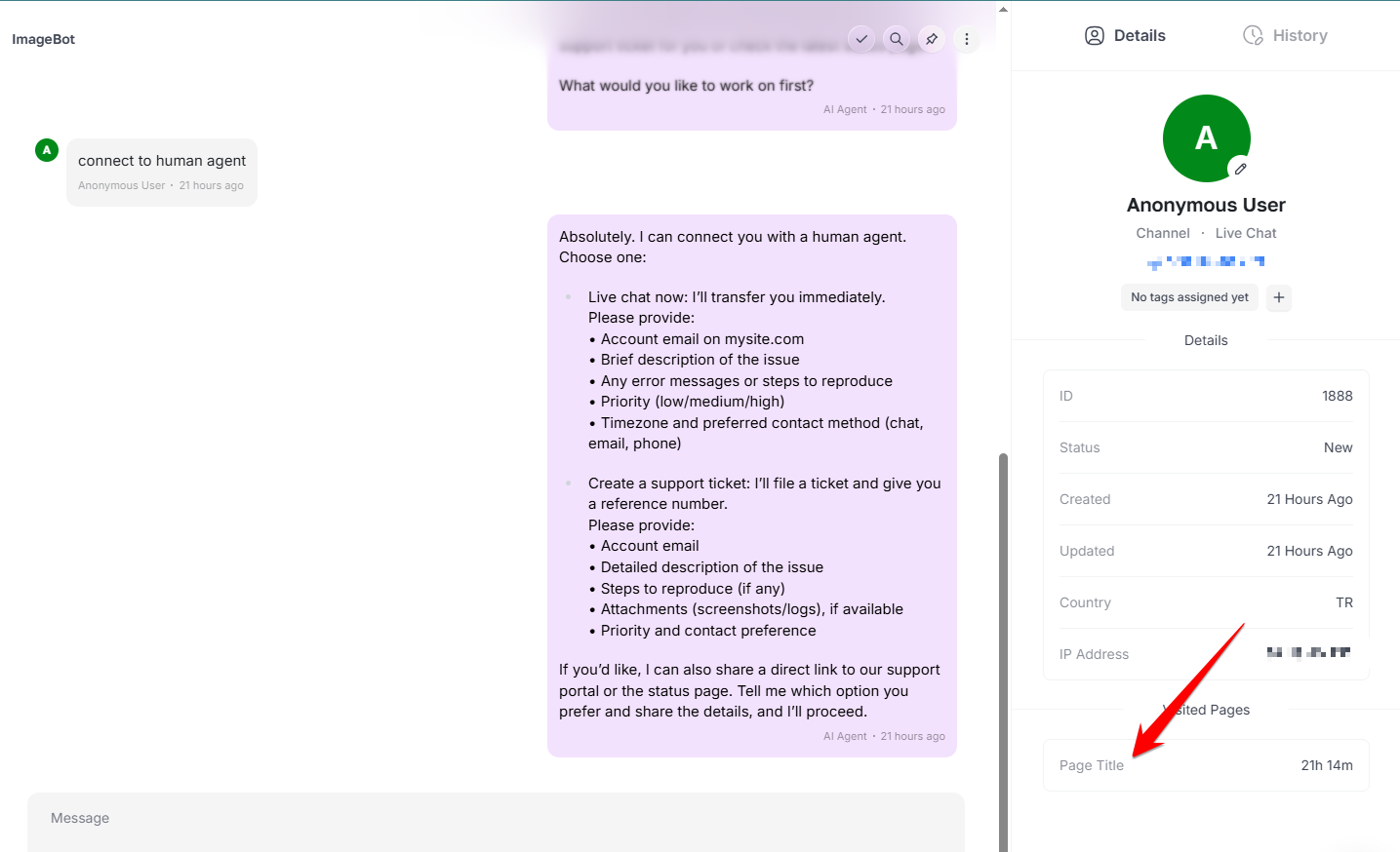 Visited pages list inside the conversation details panel