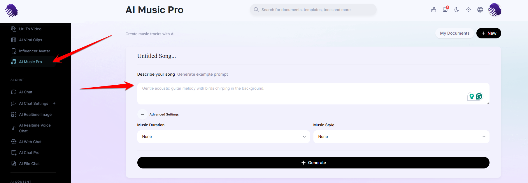 AmmarAI Music Pro description field for a new track