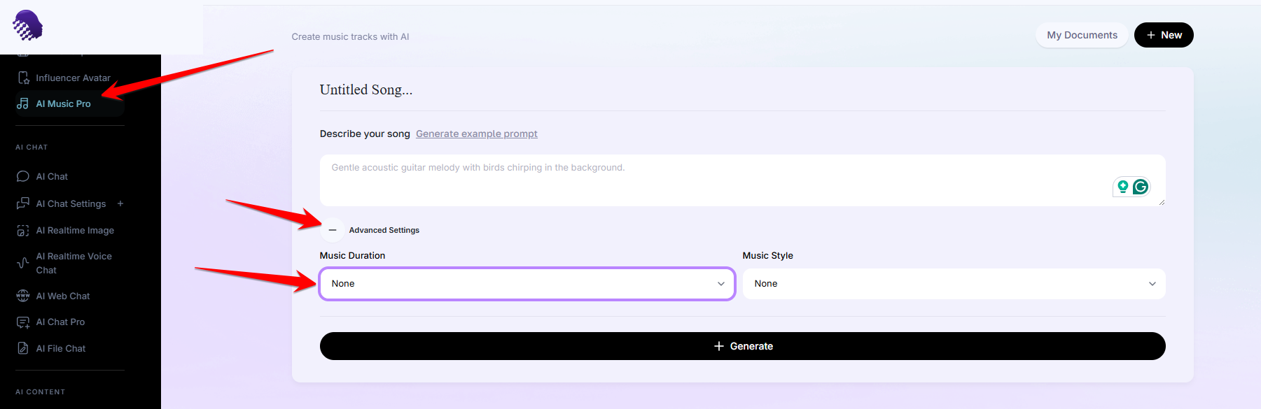 AmmarAI Music Pro duration control with track length entered