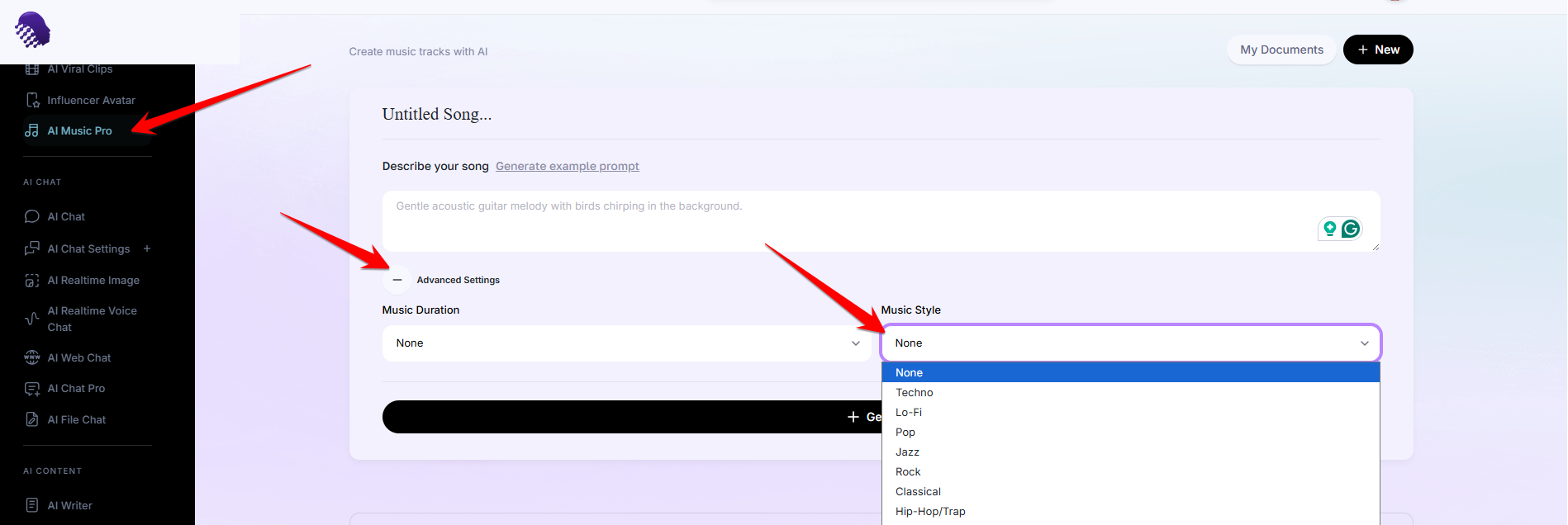 AmmarAI Music Pro style selector open with musical genres