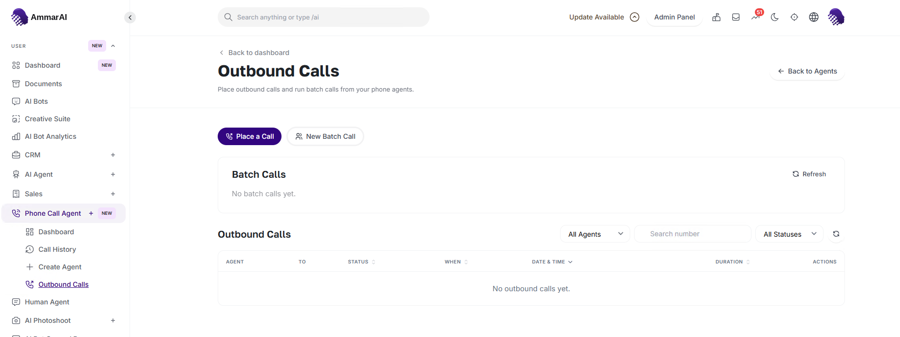 AmmarAI Outbound Calls page with Place a Call and New Batch Call actions