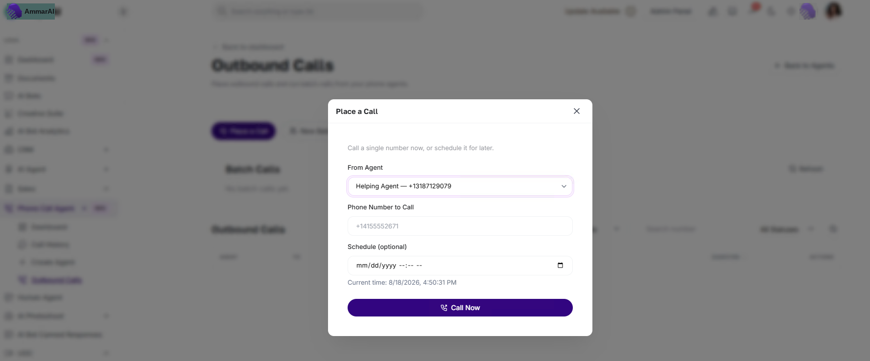 AmmarAI Place a Call dialog with agent, phone number and instruction fields