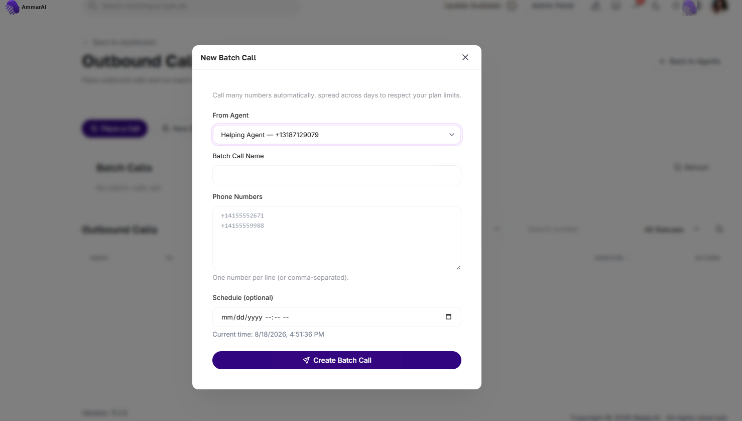 AmmarAI New Batch Call dialog with batch name, agent, phone numbers and instruction fields