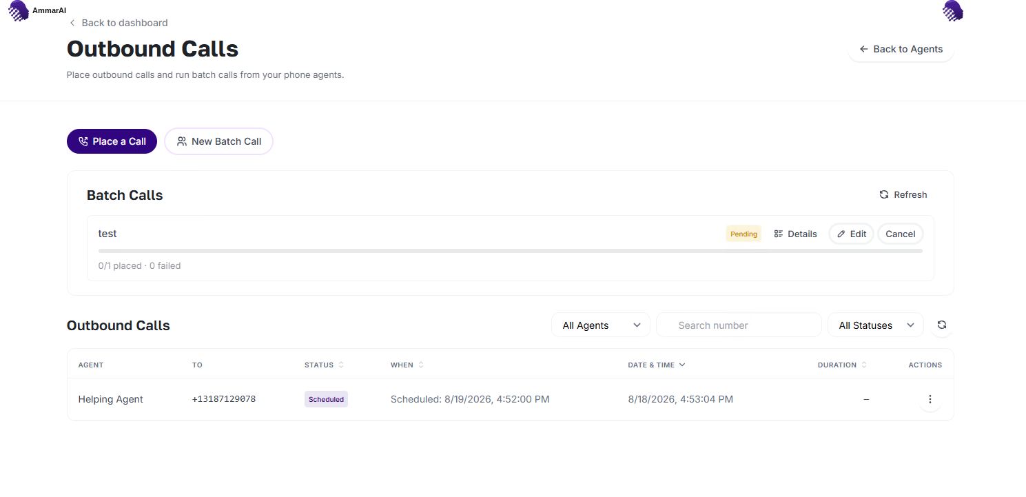 AmmarAI Outbound Calls history with batch and individual call statuses