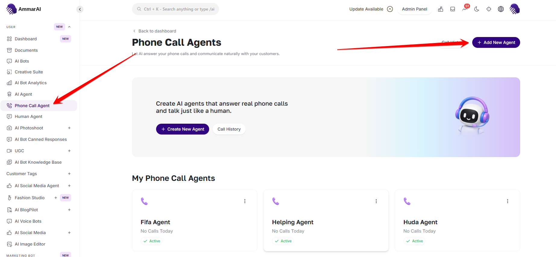 AmmarAI AI Phone Agent page with existing agents and the Add New Agent button