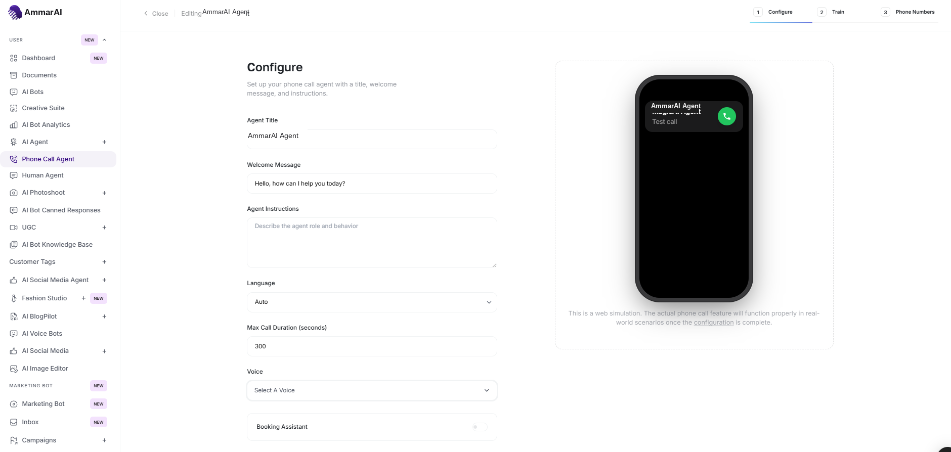 AmmarAI phone agent form with title, welcome message, instructions, language, duration and voice fields
