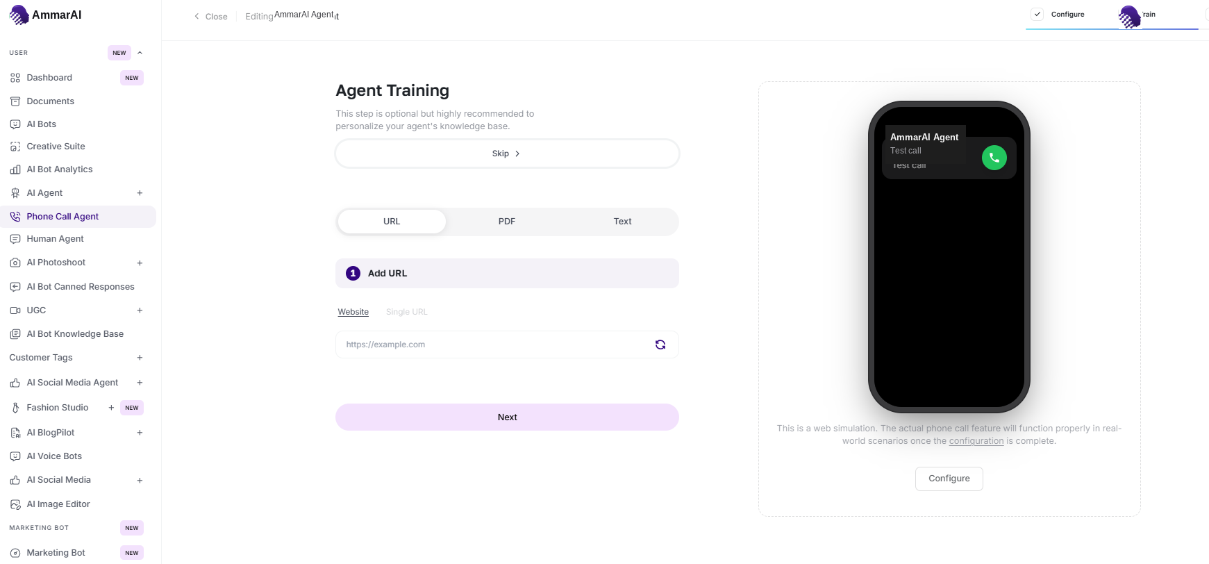 AmmarAI phone agent training screen with URL, PDF and Text source options