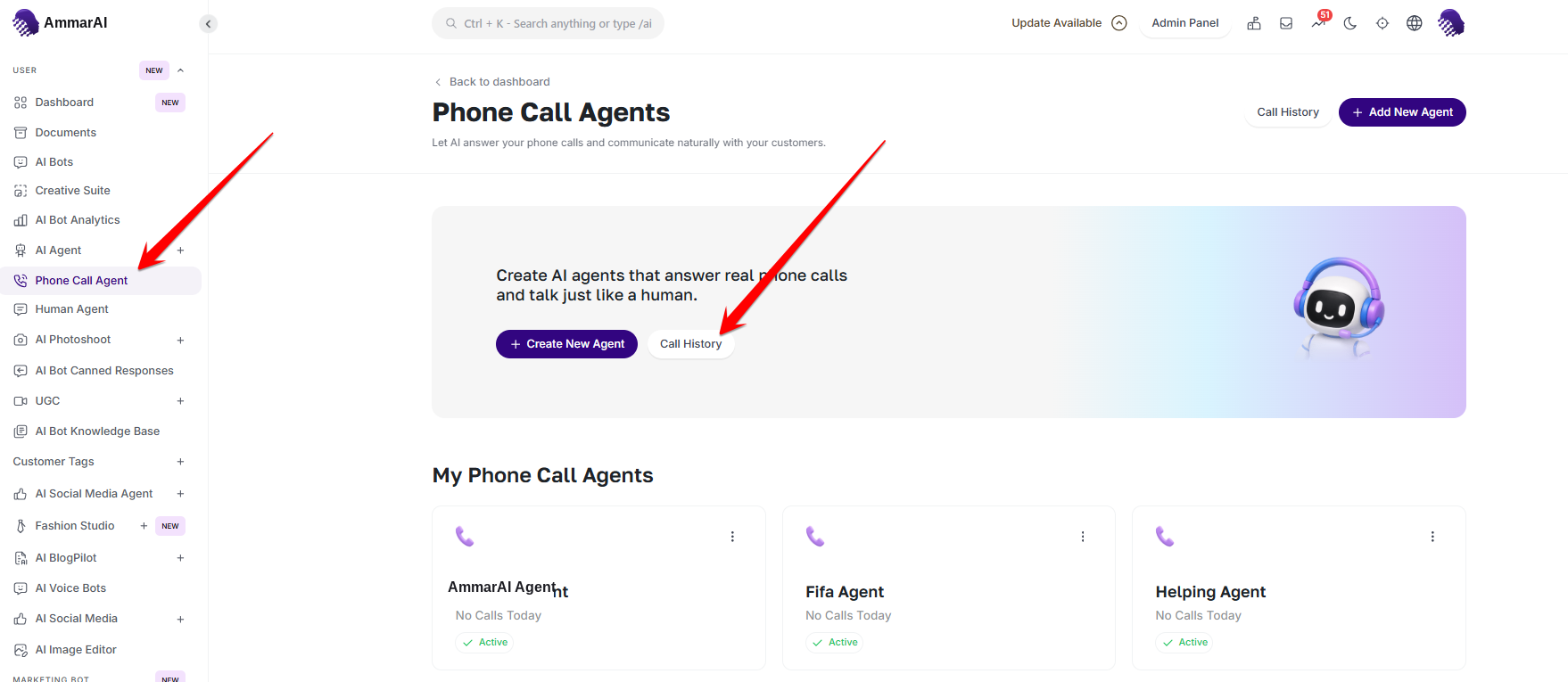 AmmarAI My Phone Call Agents list showing saved voice agents