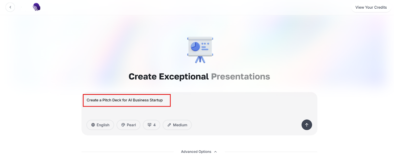 AmmarAI AI Presentation Maker creation field with a presentation brief