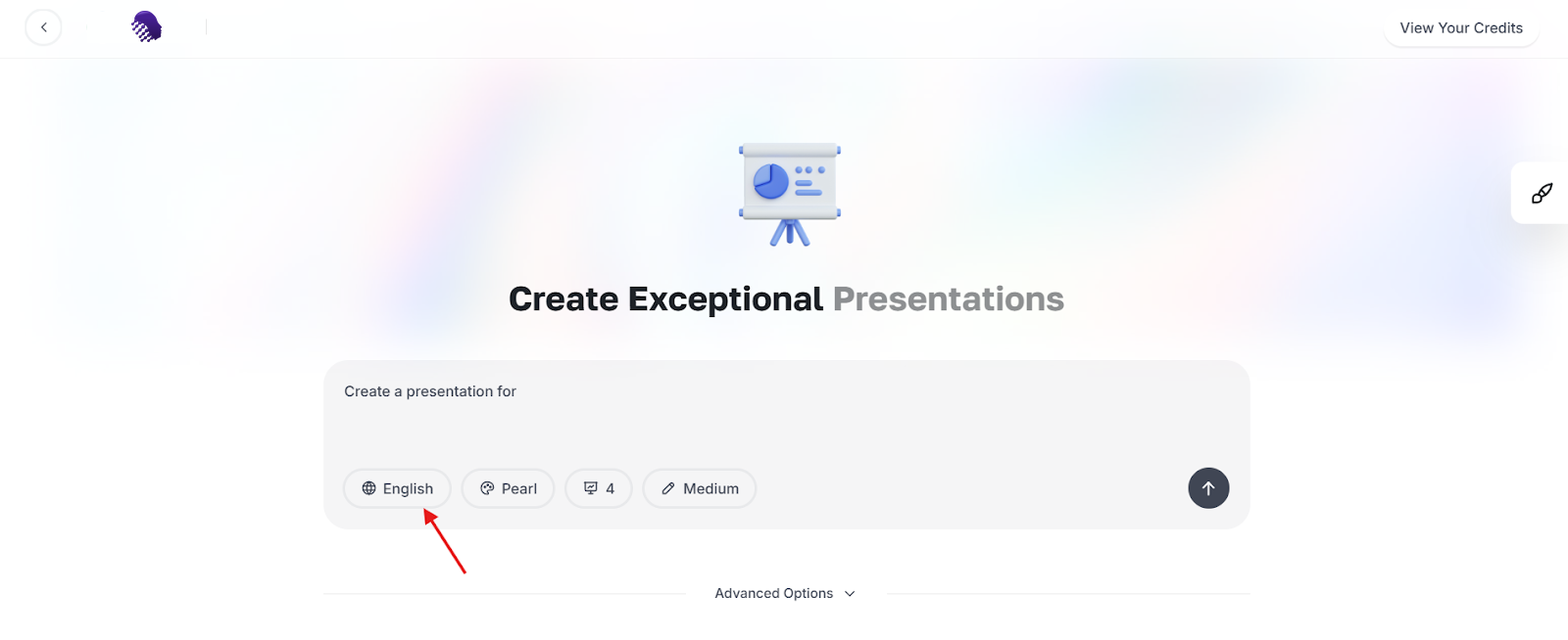 AmmarAI presentation language selector below the brief field