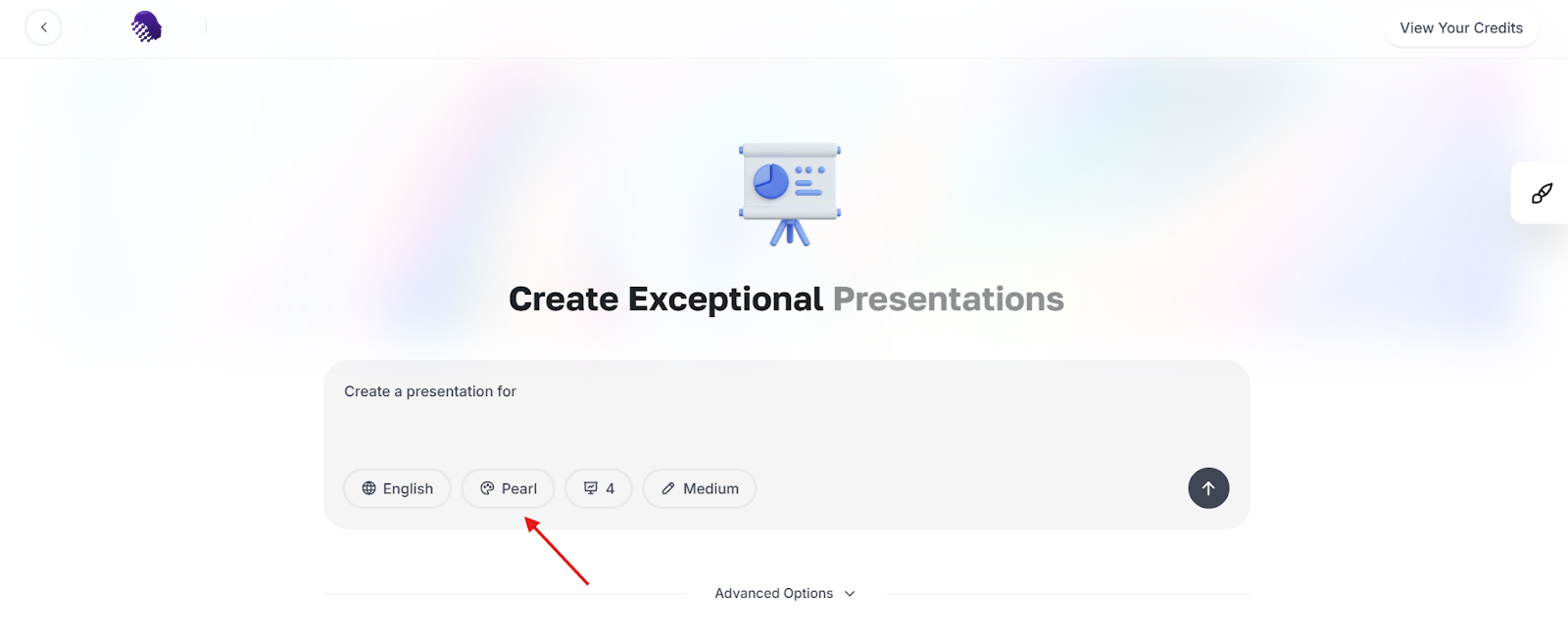AmmarAI presentation theme control showing the selected theme