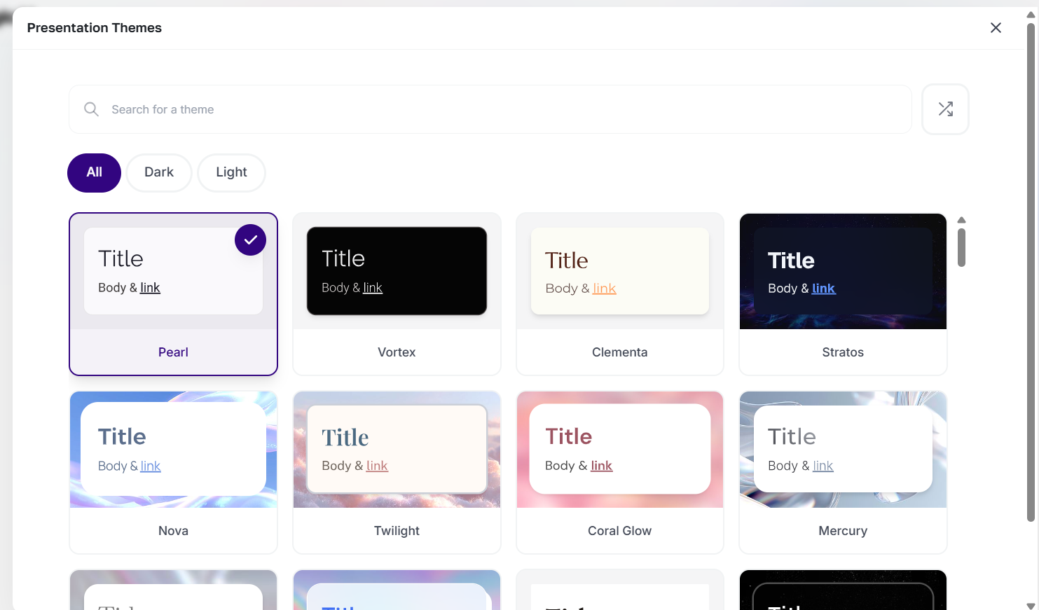 AmmarAI presentation theme gallery with light and dark theme previews