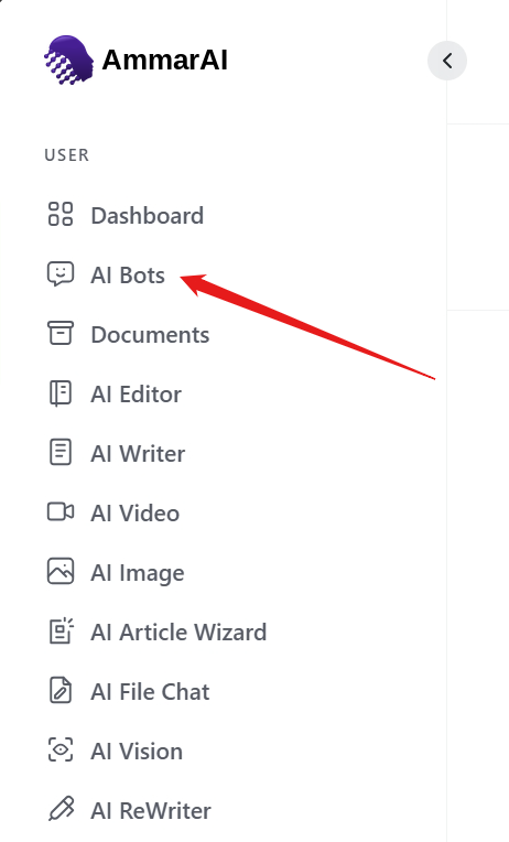 AmmarAI workspace menu with AI Bots highlighted