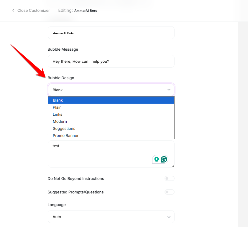 Bubble design dropdown showing Blank, Plain, Links, Modern, Suggestions and Promo Banner options