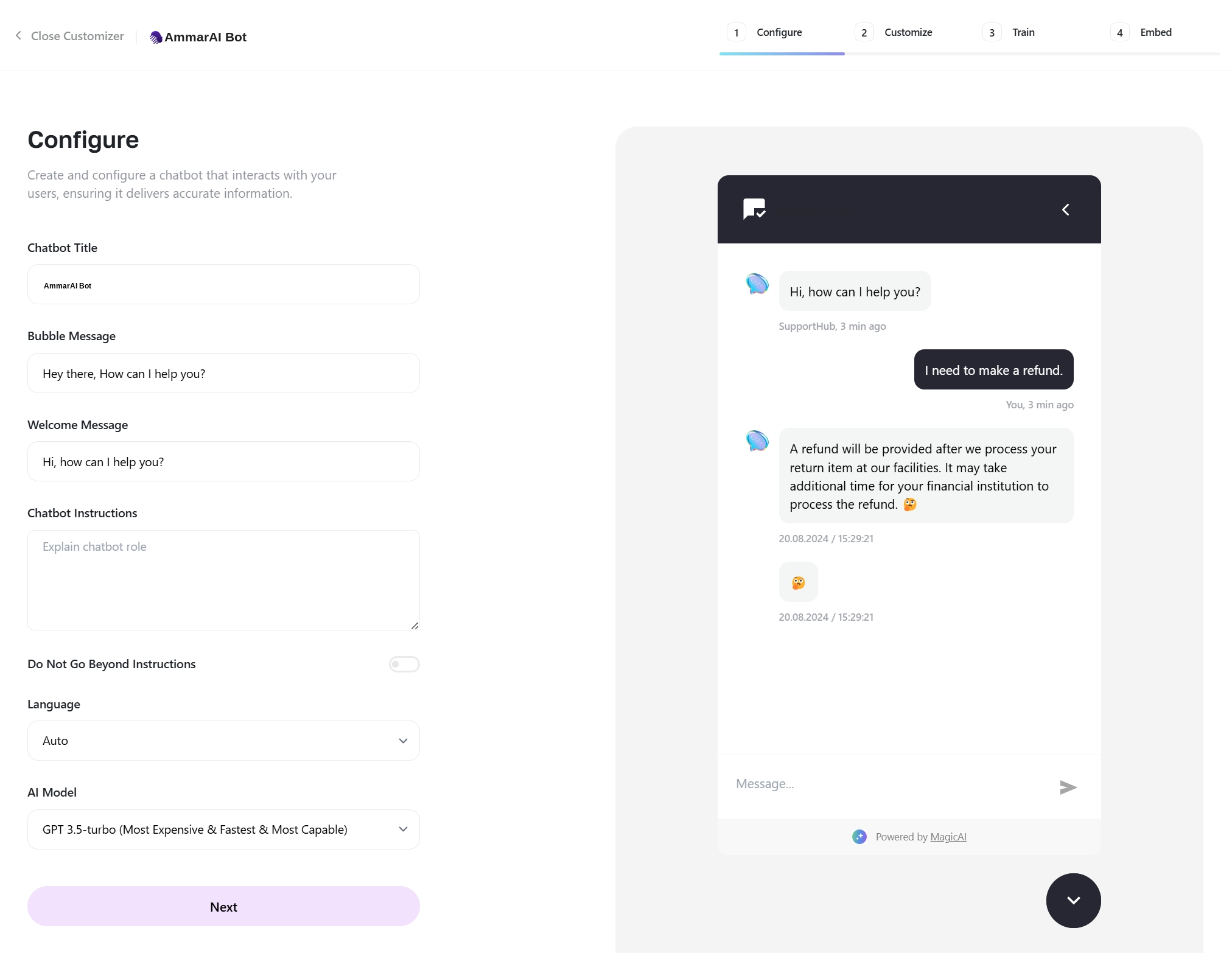 Chatbot configure step with title, bubble message, welcome message, instructions, language and model fields beside a live preview