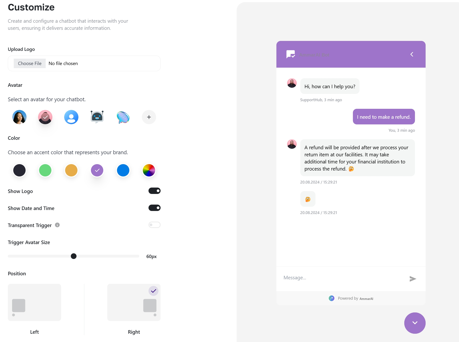 Interaction type, connect message and optional assistant toggles in the chatbot editor