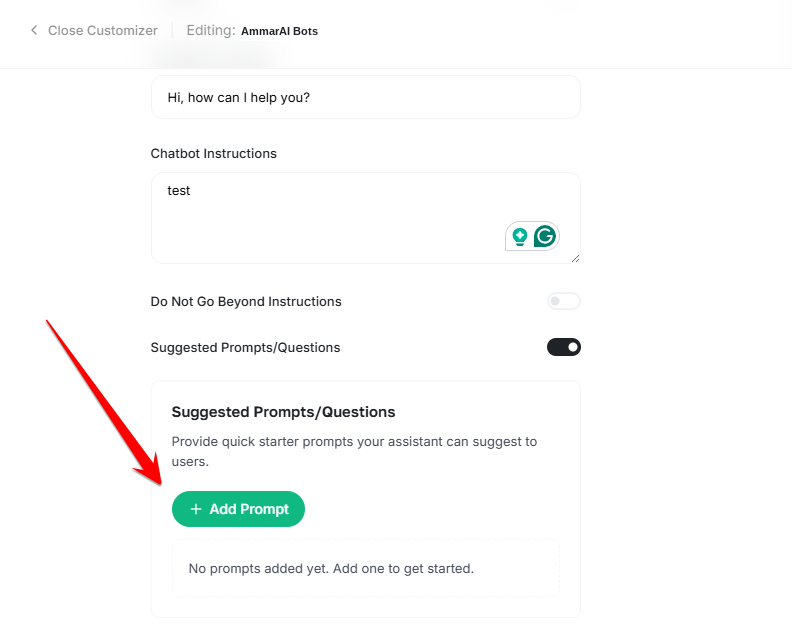 Chatbot editor preview pane showing a test conversation
