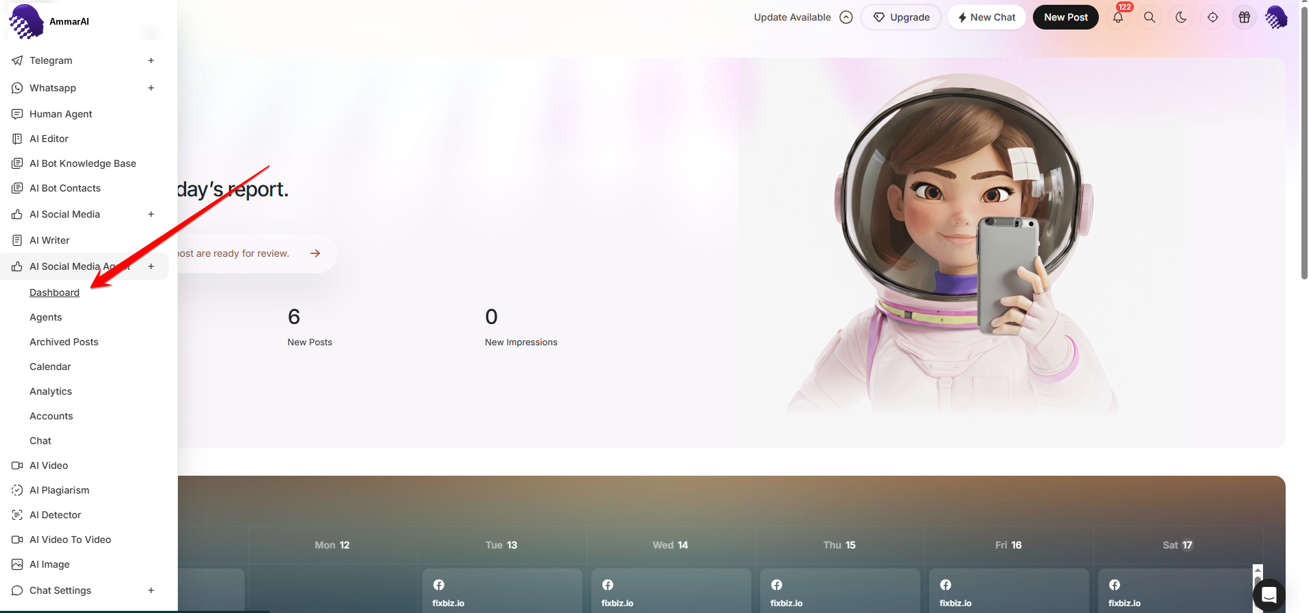AmmarAI social media dashboard with the workspace menu open on AI Social Media