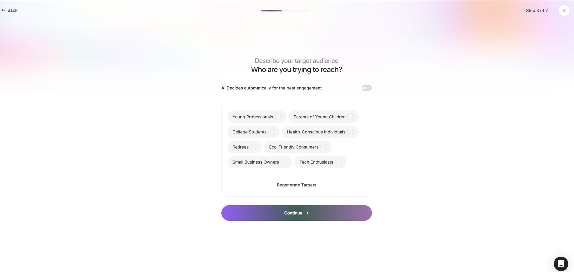 Audience step with selectable audience tags and an automatic option