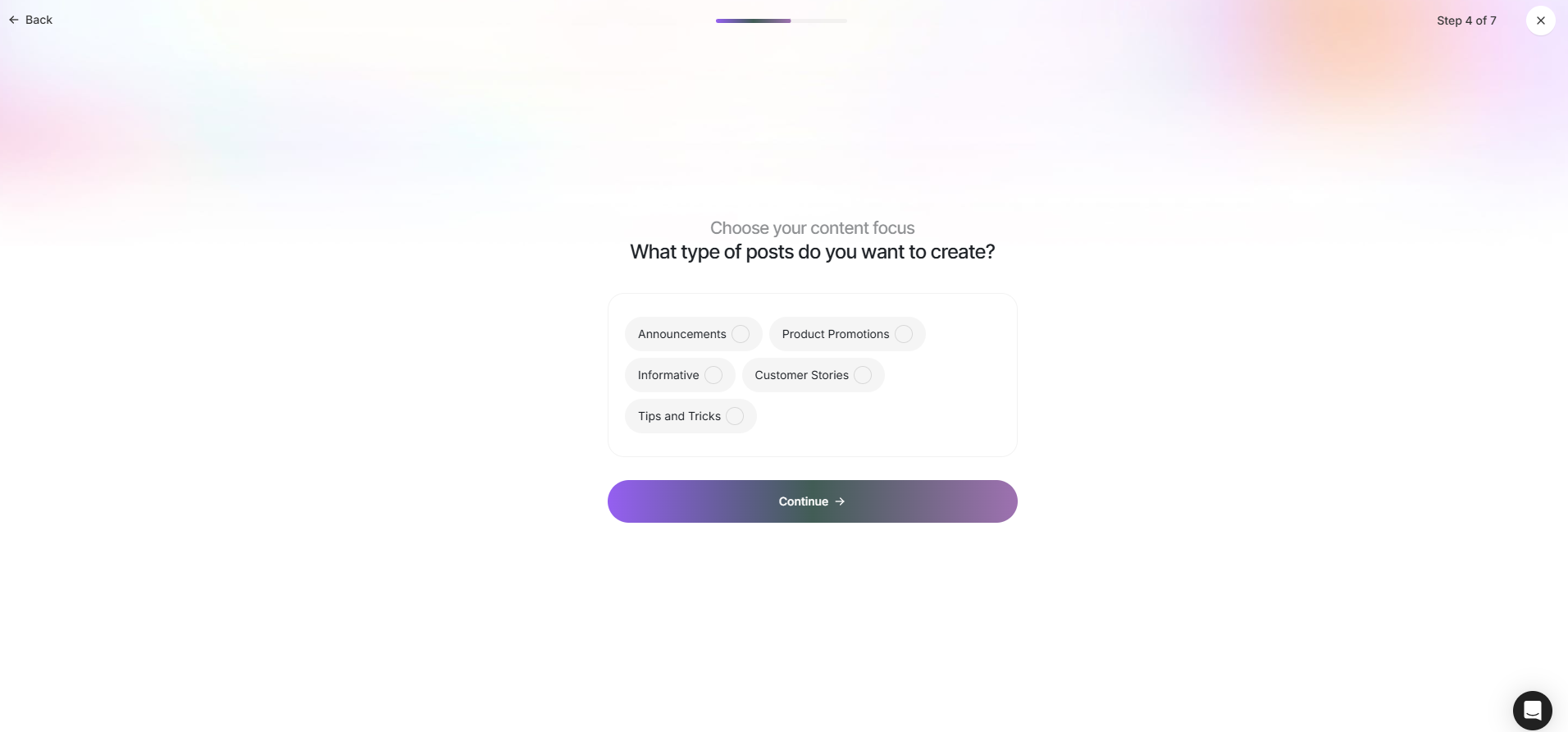 Content focus step with post type options such as announcements, promotions and tips