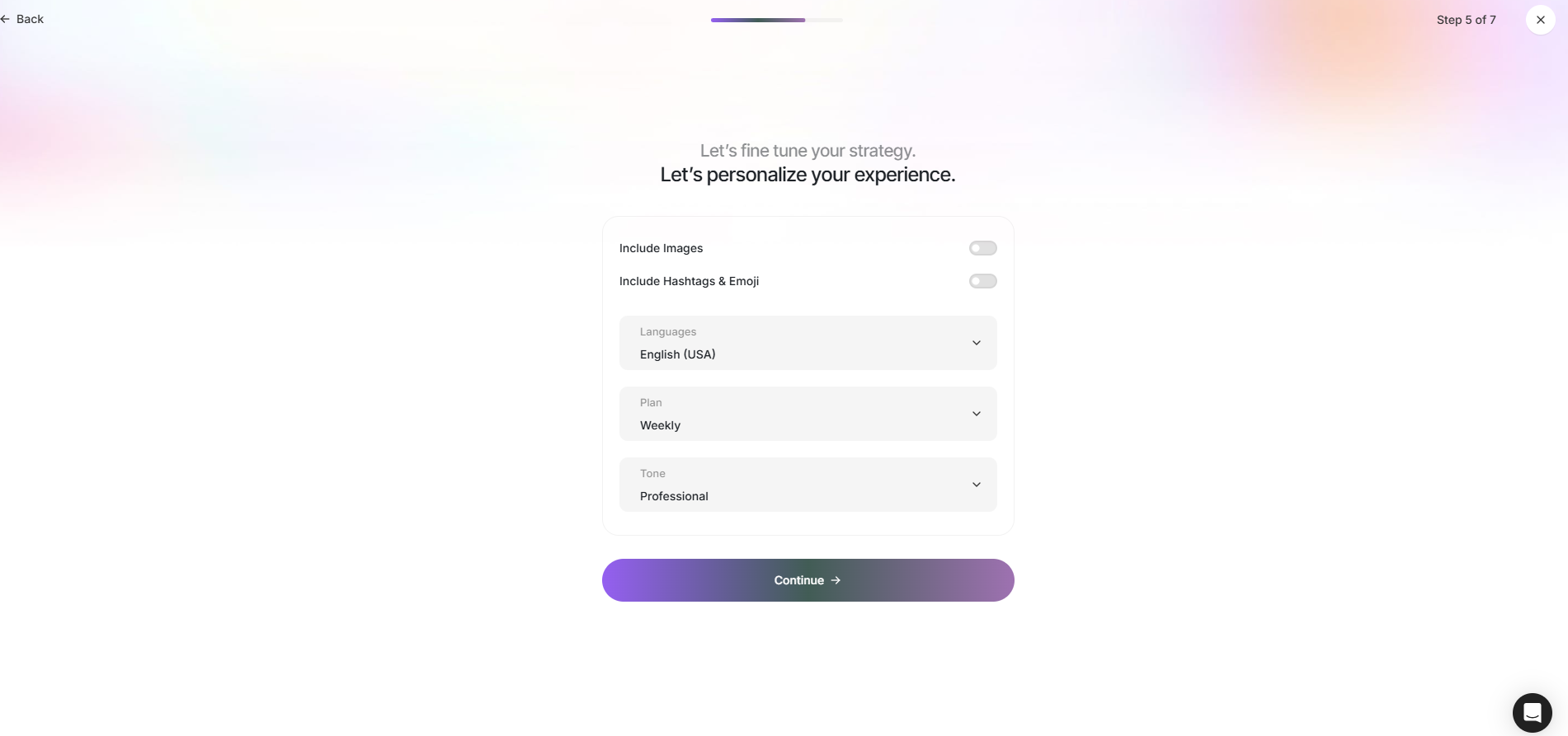 Personalisation step with image, hashtag, language, frequency and tone controls
