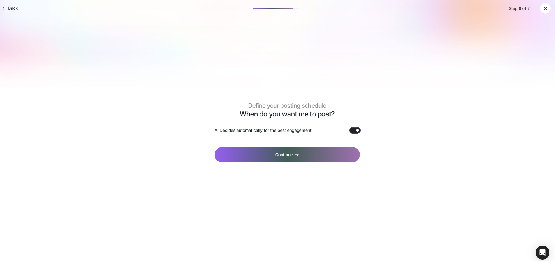 Schedule step asking when the agent should post, with an automatic option