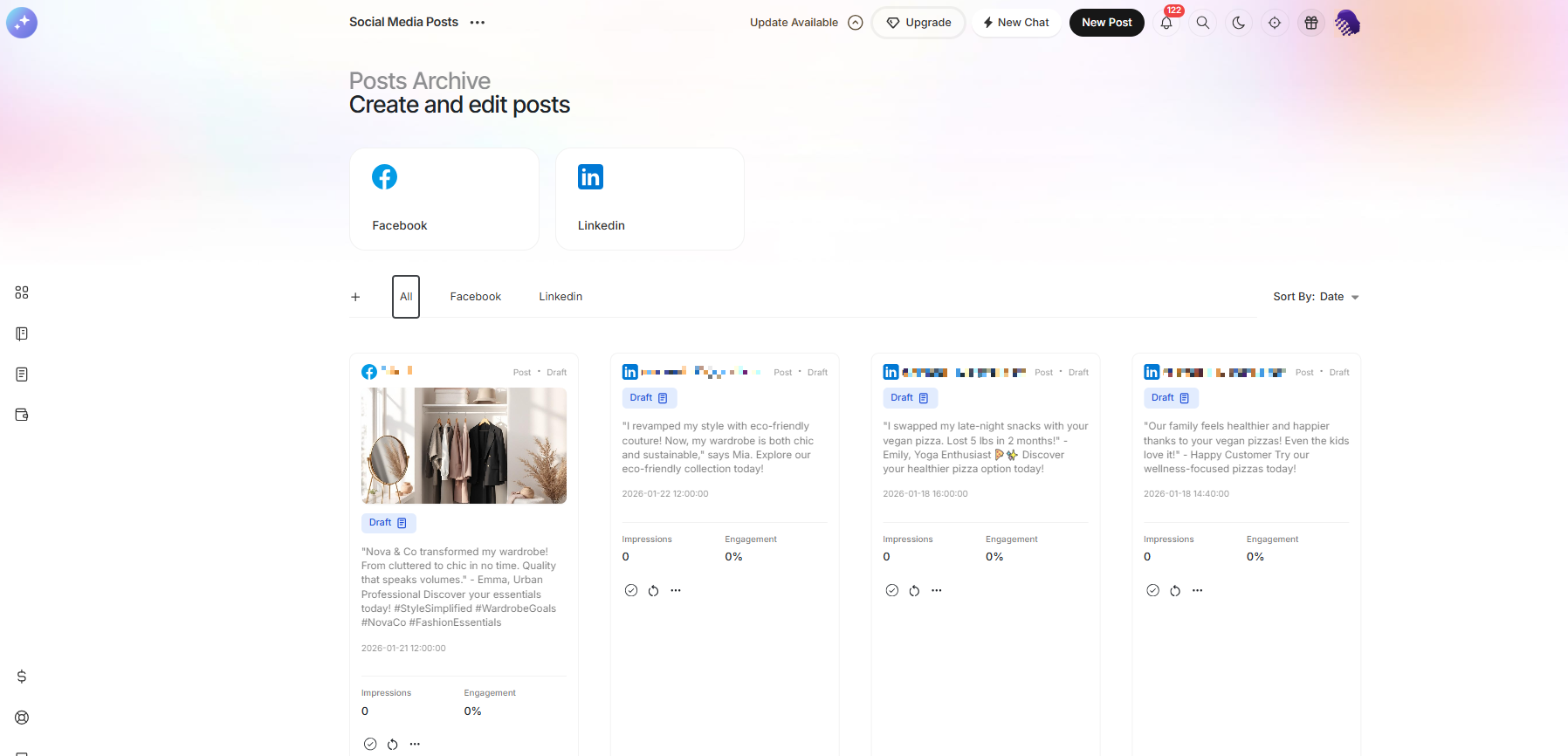 Posts archive filtered by platform with draft post cards