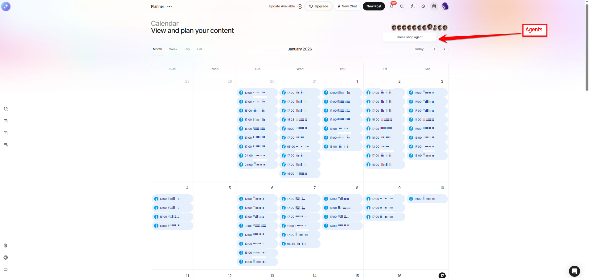 Monthly content calendar with scheduled posts on each day