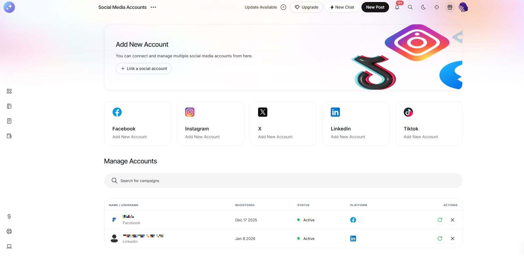 Social accounts page listing connected profiles and their status